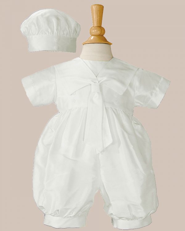Boys Silk Christening Baptism One Piece Romper with Sailor Collar and Hat - One Small Child