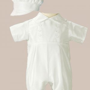 Boys Silk Christening Outfit Christening Baptism Romper with Bonnet Hat - One Small Child