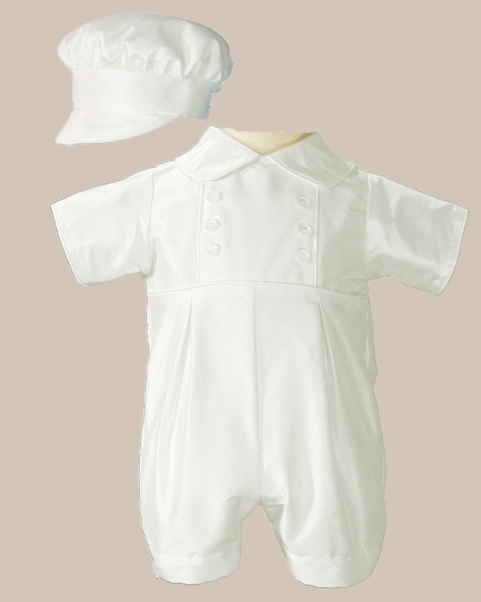 Boys Silk Christening Outfit Christening Baptism Romper with Bonnet Hat - One Small Child