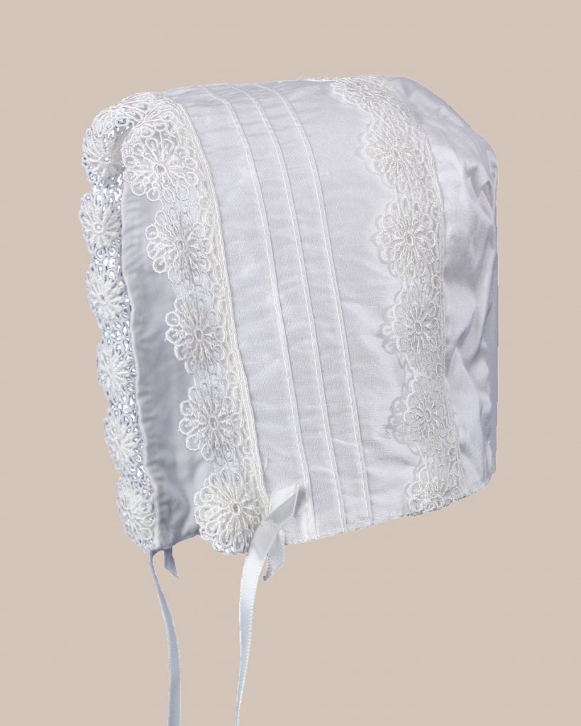 Baby Girls White Silk Christening Baptism Hat with Pin Tucking and Lace Trim - One Small Child