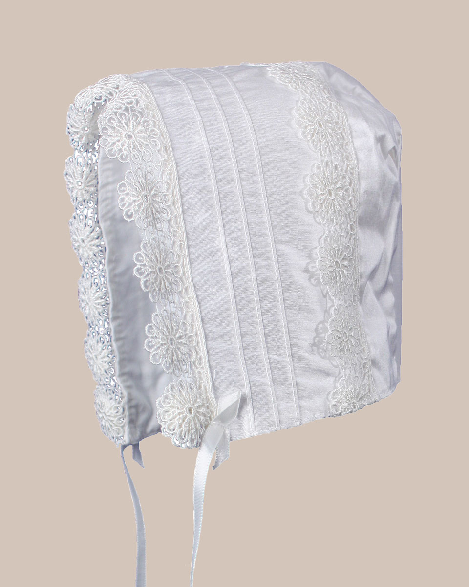 Baby Girls White Silk Christening Baptism Hat with Pin Tucking and Lace Trim - One Small Child
