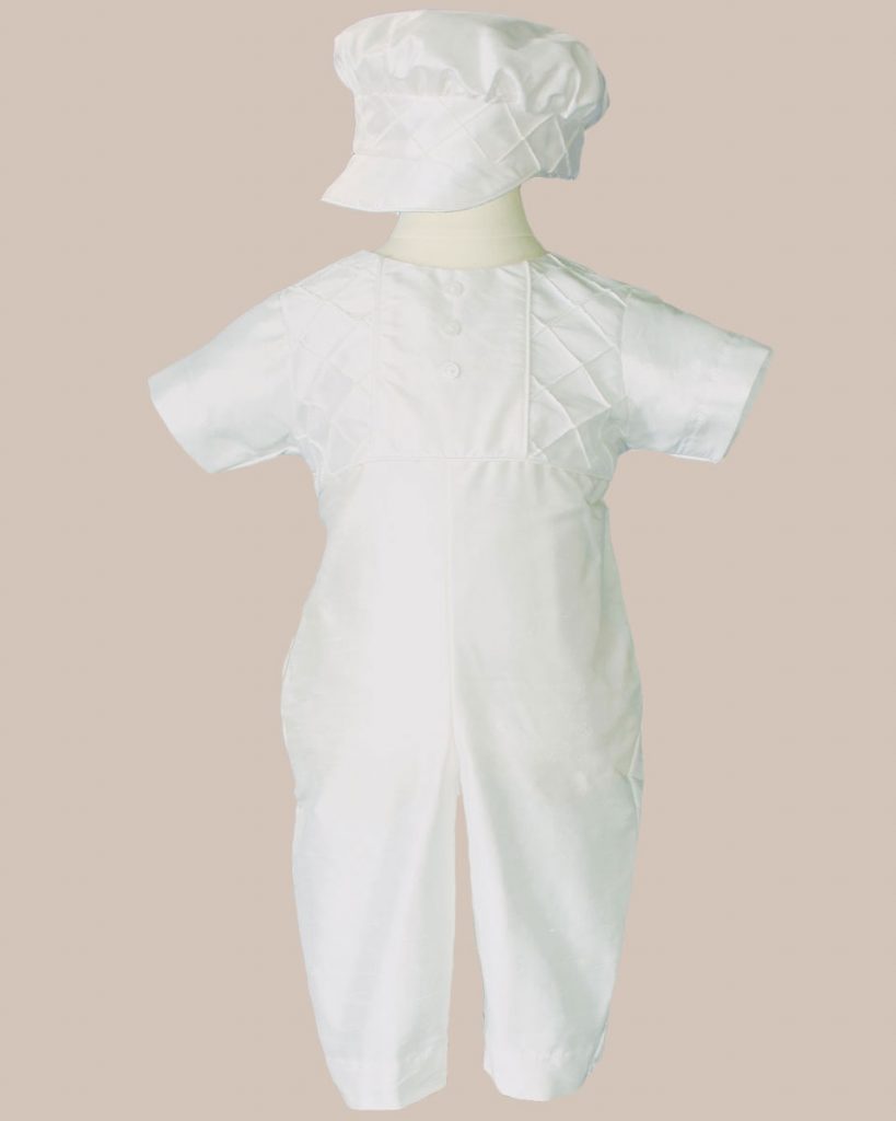 Boys White Silk Christening Baptism Outfit Set With Pin Tucking and Captains Hat - One Small Child