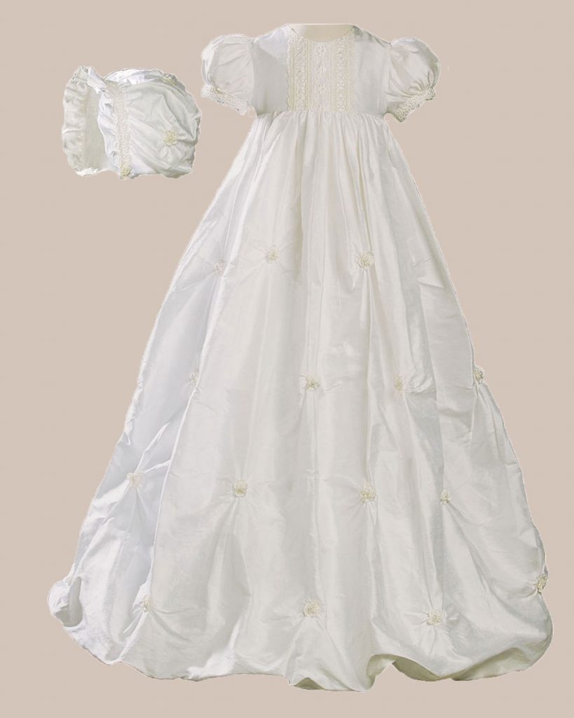 Girls 33" Silk Bubble Christening Baptism Gown with Natural Venise Lace and Rosettes - One Small Child
