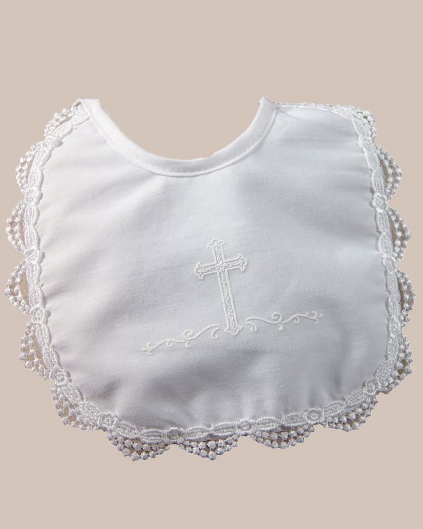 Girls Polycotton Bib with Screened Cross and Venise Edge - One Small Child