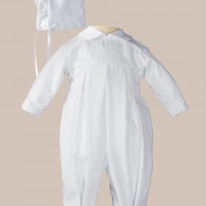 Boys Pleated Christening Baptism Coverall with Embroidered Shamrock Cluster and Hat - One Small Child