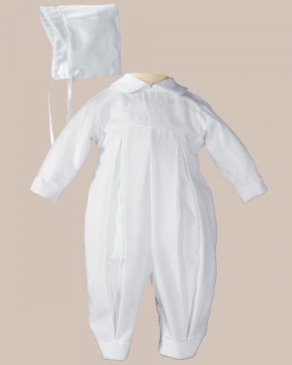 Boys Pleated Christening Baptism Coverall with Embroidered Shamrock Cluster and Hat - One Small Child