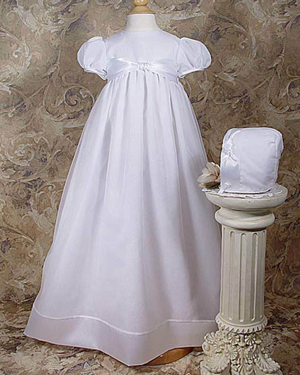 Girls 31" Poly Cotton Organza Christening Gown with Bonnet and Slip - One Small Child