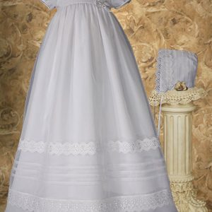 Girls 34" Poly Cotton Organza Christening Gown with French Lace and Pin Tucking - One Small Child