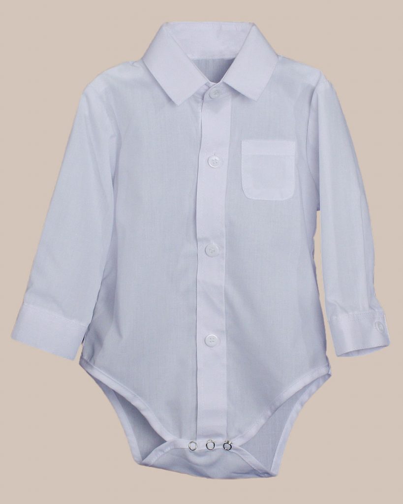 Baby Boys Poly Cotton Button Up White Dress Shirt Bodysuit Romper with Collar - One Small Child