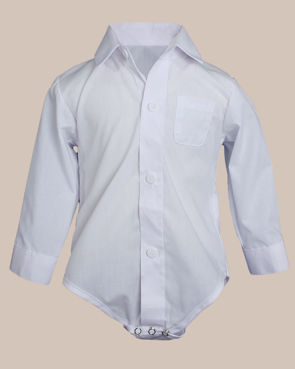 Baby Boys Poly Cotton Button Up White Dress Shirt Bodysuit Romper with Collar - One Small Child