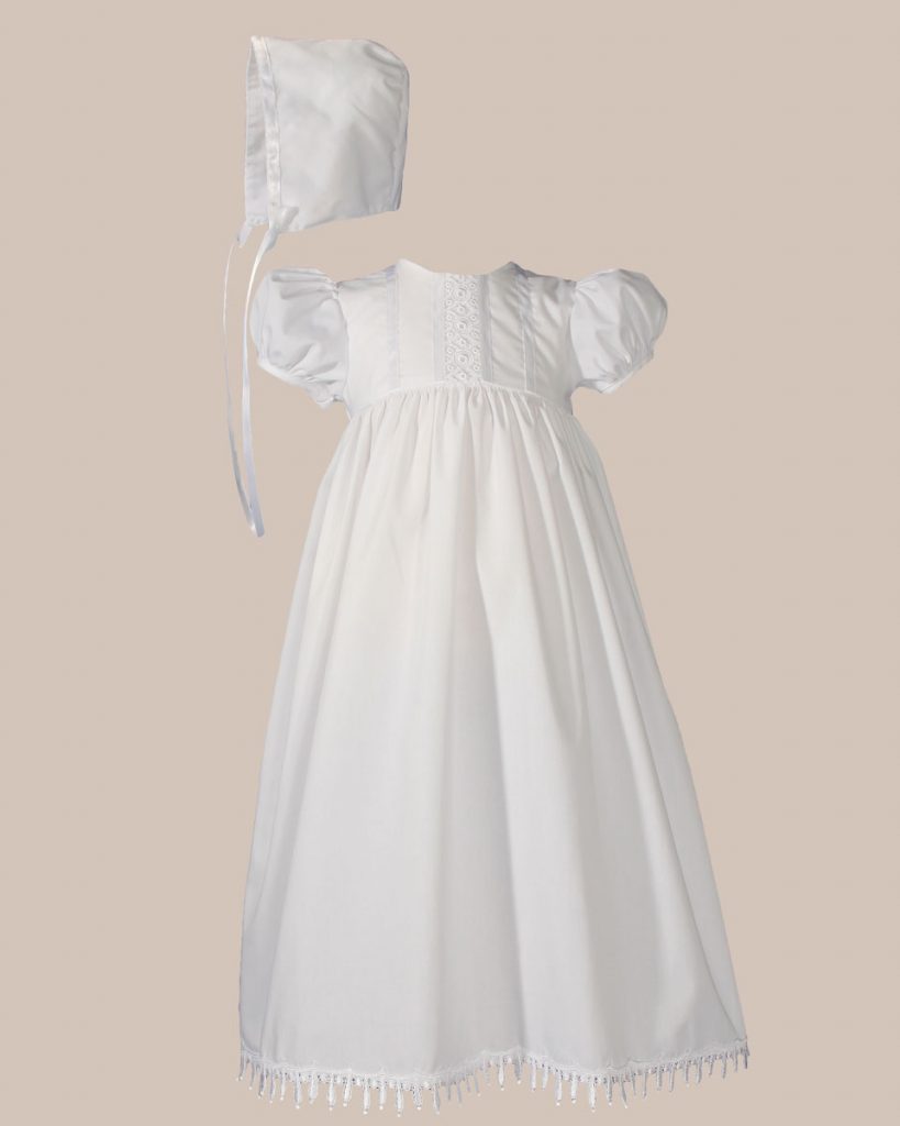 Girls 24" Poly Cotton Teardrop Lace Christening Baptism Gown with Bonnet - One Small Child