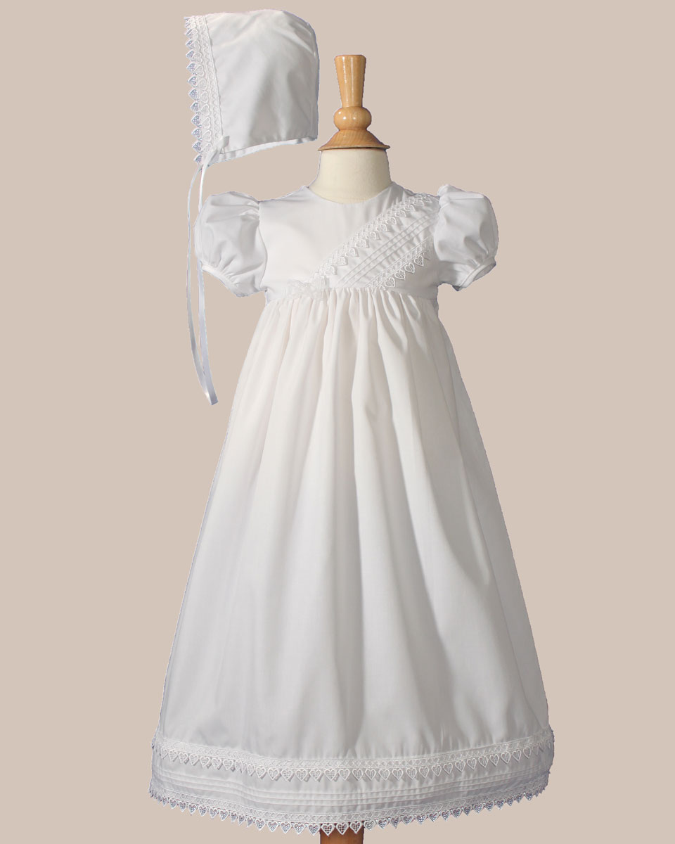 Girls Heart Trimmed Cotton Blend Christening Gown with Bonnet - One Small Child