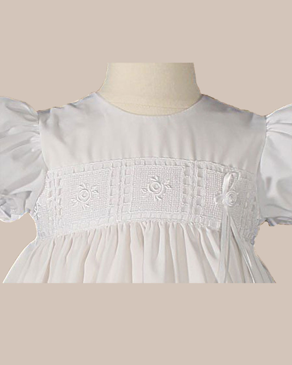 Girls 24" Poly Cotton Christening Baptism Gown with Rose Lace and Bonnet - One Small Child