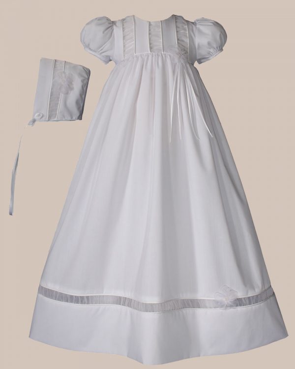 Girls 30" Poly Cotton Christening Gown with Organza Ruching Accents and Bonnet - One Small Child