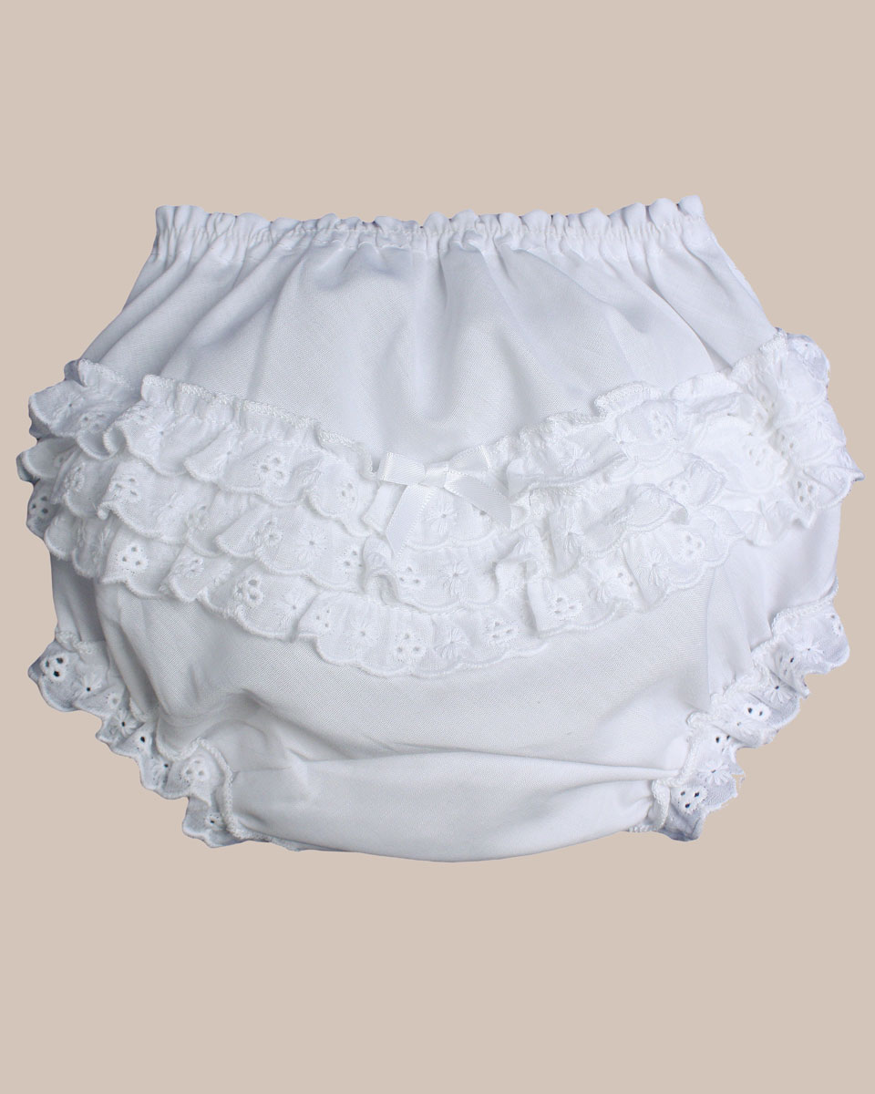 Baby Girls White Elastic Bloomer Diaper Cover with Embroidered Eyelet Edging - One Small Child