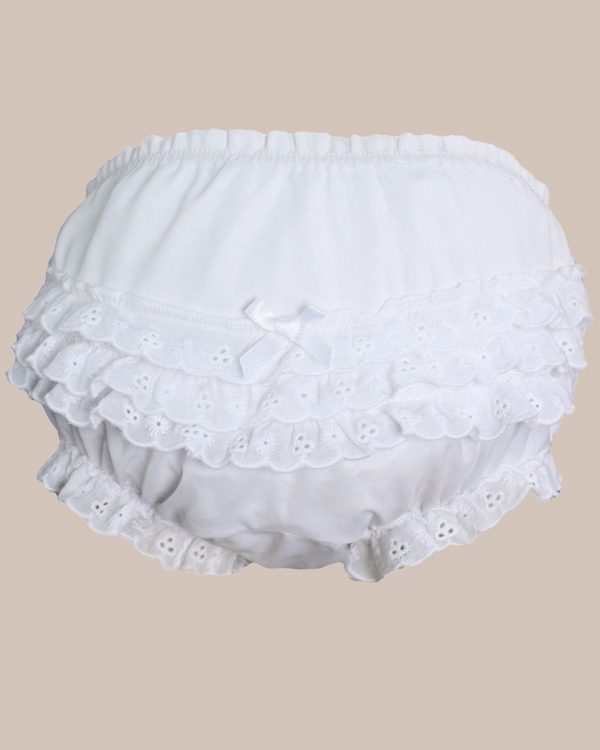 Baby Girls White Elastic Bloomer Diaper Cover with Embroidered Eyelet Edging - One Small Child