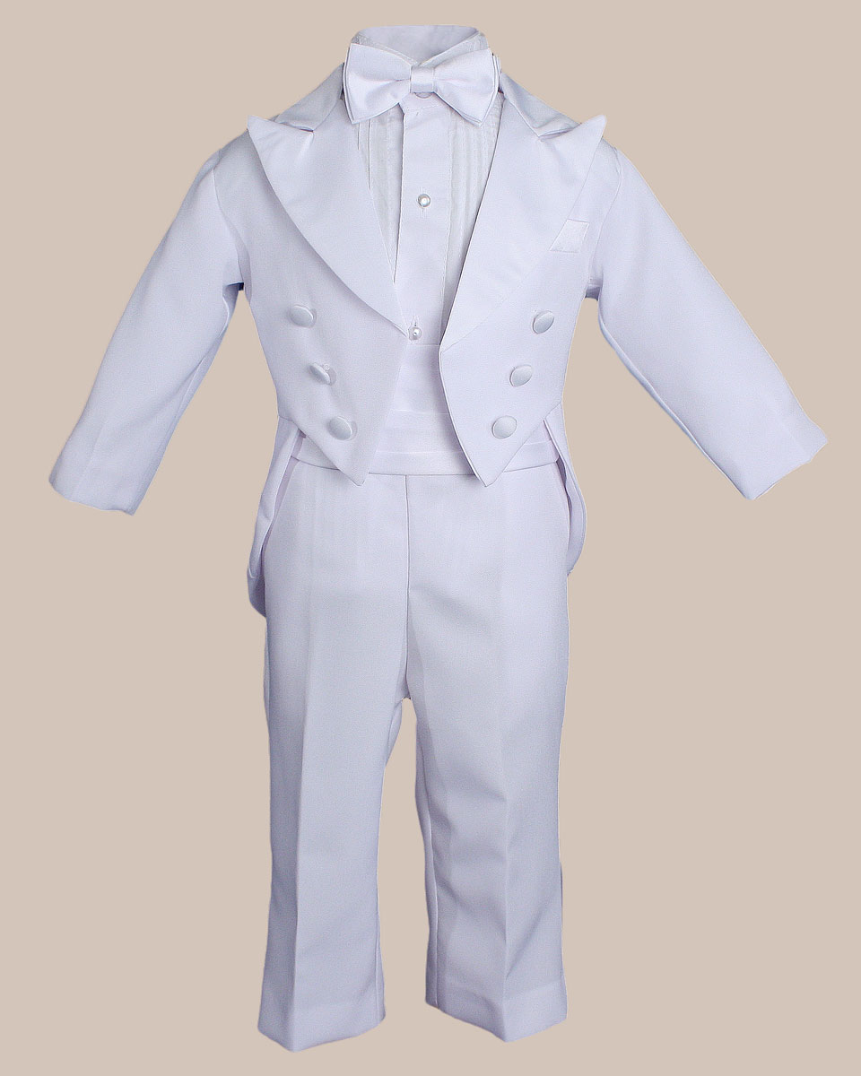 Baby Boys Formal White Poly Cotton 5 Piece Classic Tux Set with Tail - One Small Child