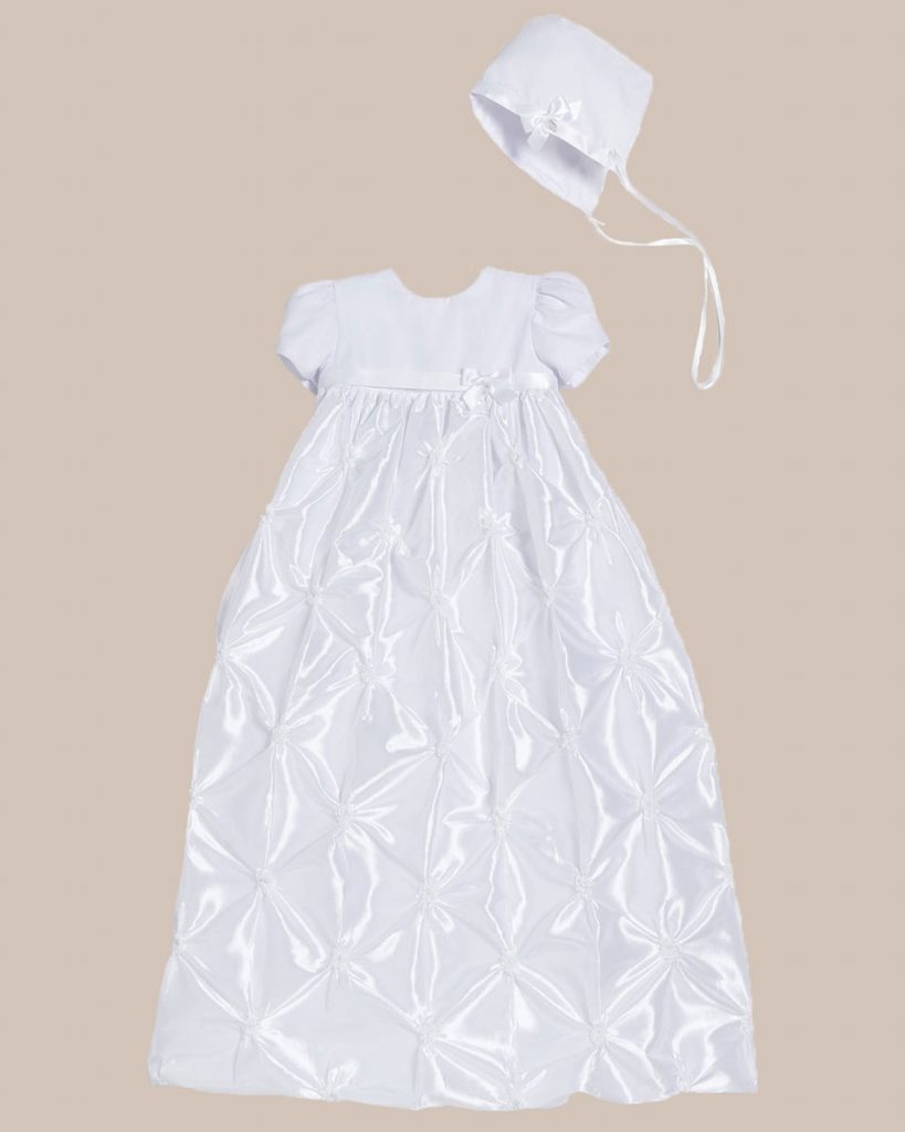 Girls White Polyester Taffeta Christening Baptism Gown with Rosettes and a Bonnet - One Small Child