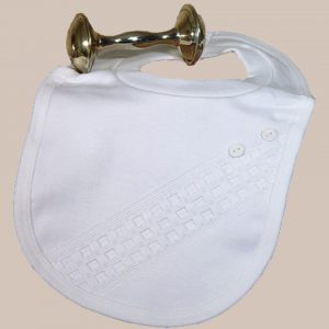 Beautiful White Bib with Window Pane Trim with Buttons - One Small Child
