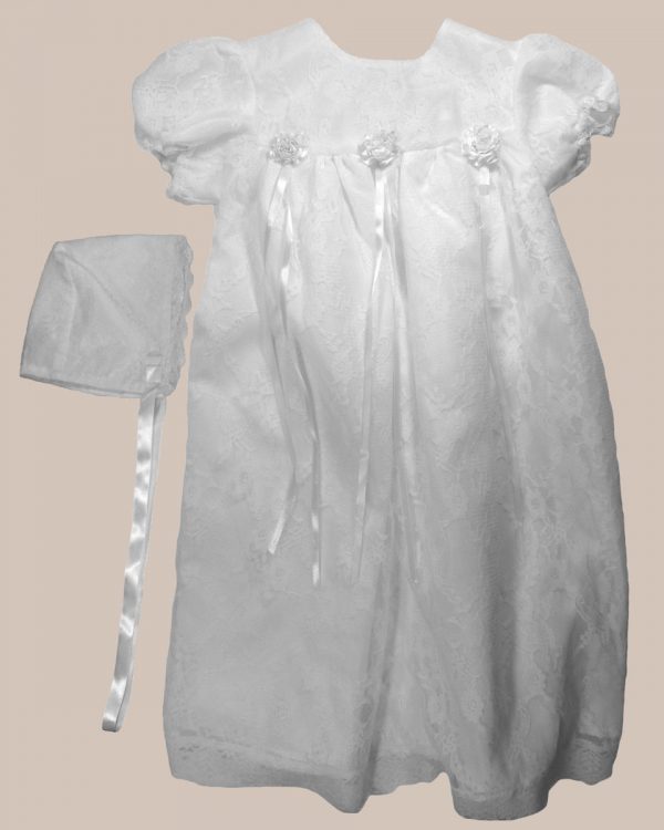 Girls' White All Over Lace Christening Gown with Bonnet - One Small Child