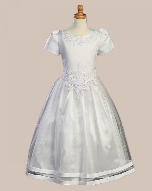 White Satin Communion Baptism Dress with Tulle Skirt - One Small Child