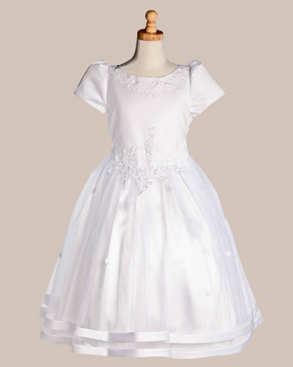 White Satin Communion Baptism Dress with Tulle Skirt - One Small Child