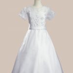 White Communion Baptism Dress with Sheer Neckline and Organza Skirt - One Small Child