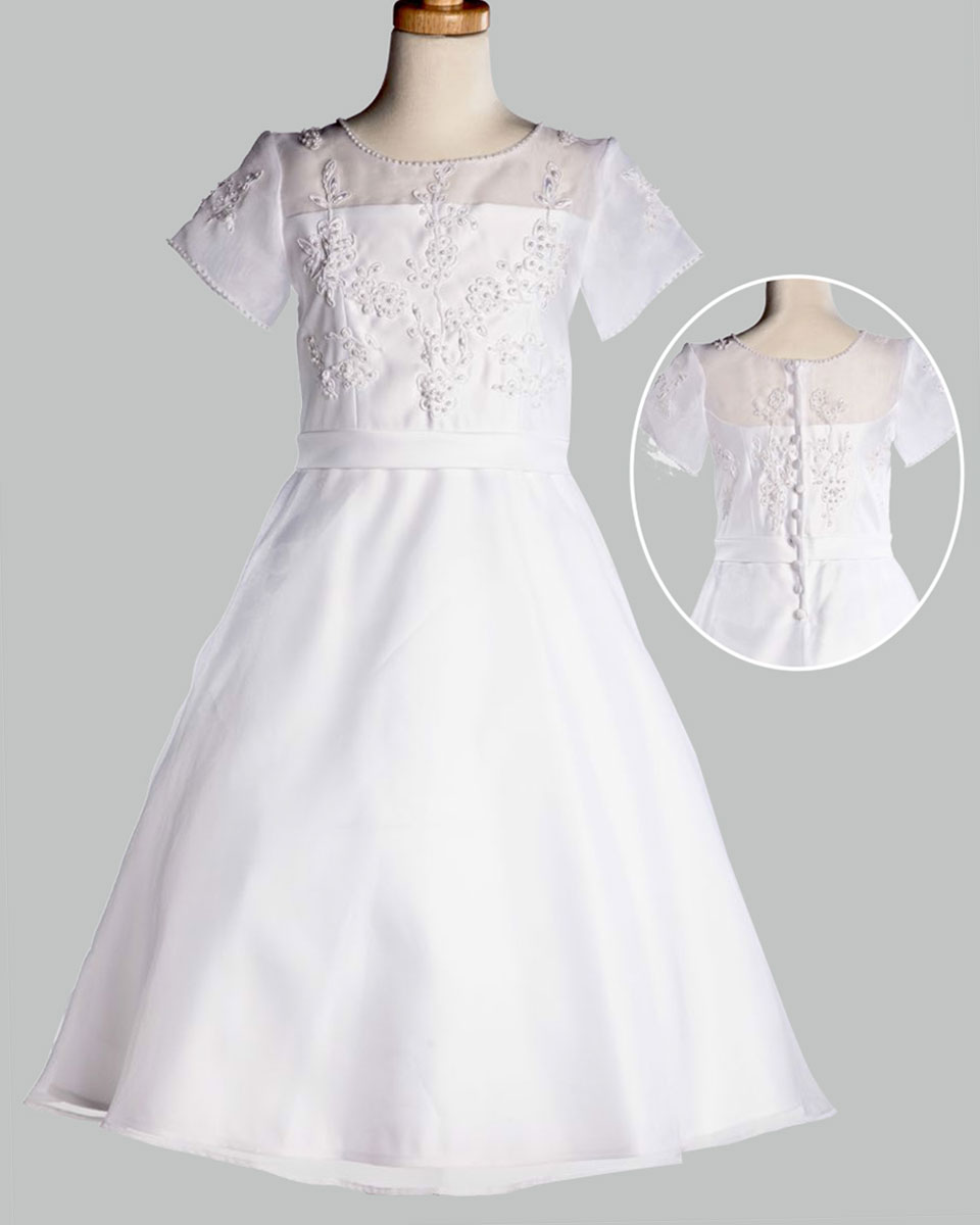 White Communion Baptism Dress with Sheer Neckline and Organza Skirt - One Small Child