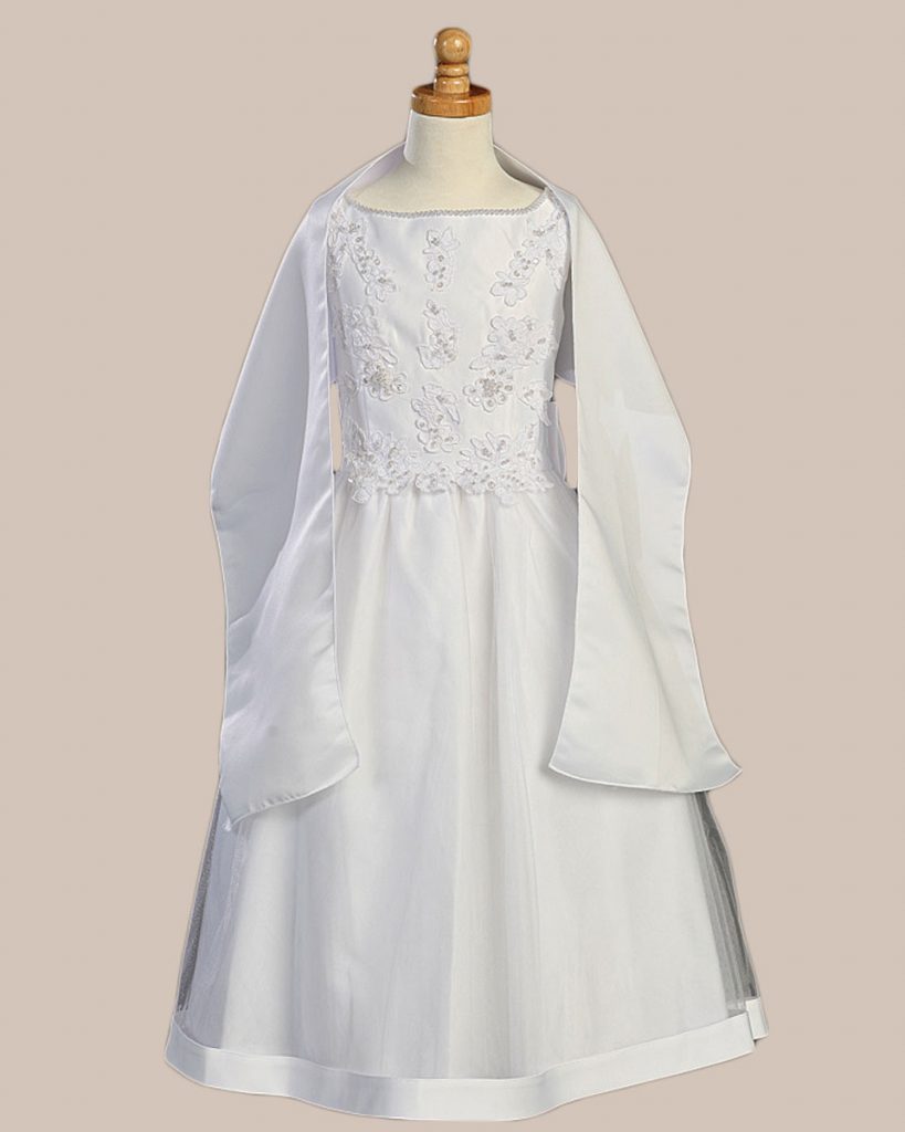White Satin Communion Baptism Dress with Beaded Applique - One Small Child