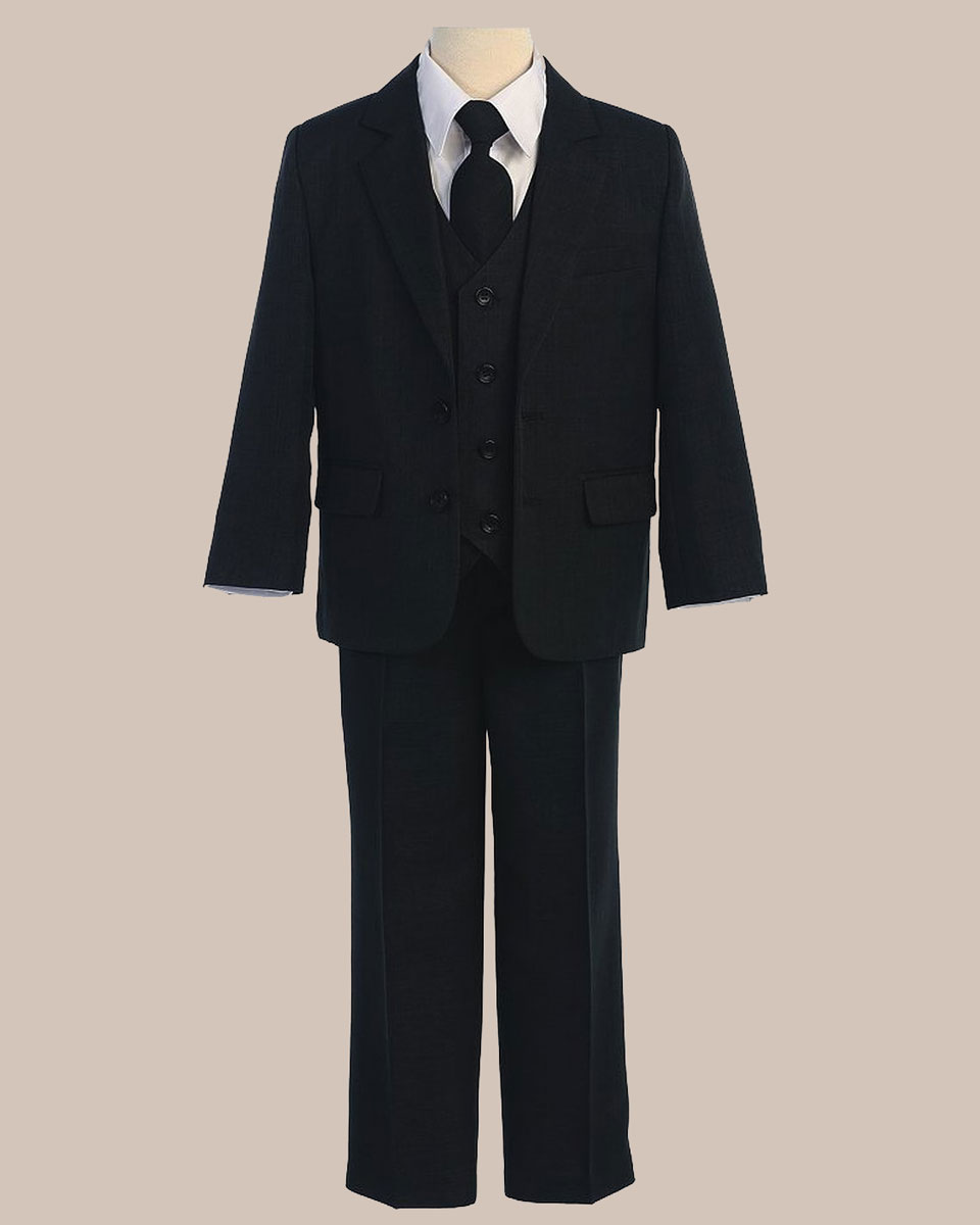 5 Piece Boy's 2 Button Jacket 4 Button Vest Husky Dress Suit   Black - One Small Child