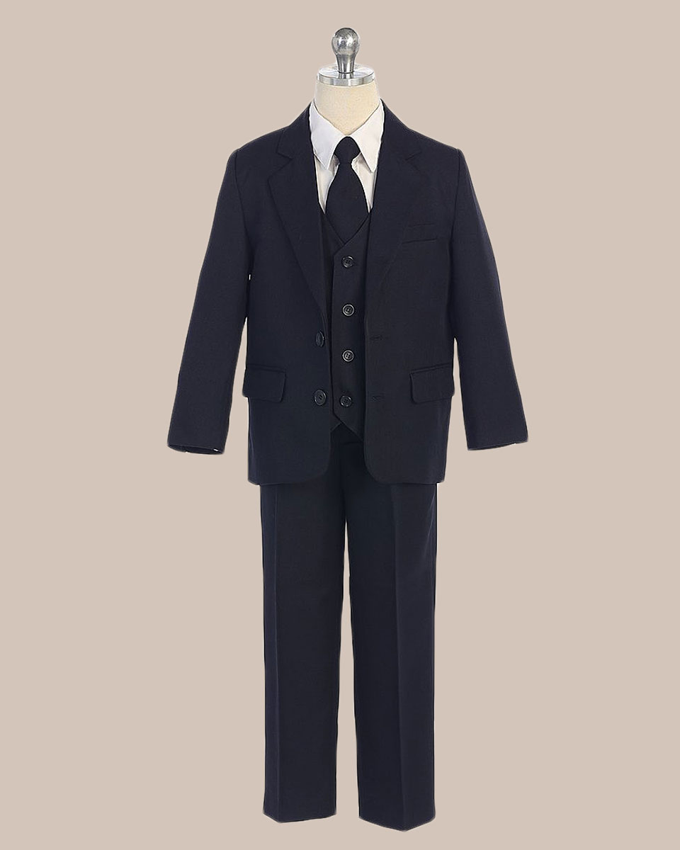 5 Piece Boy's 2 Button Jacket 4 Button Vest Husky Dress Suit   Navy Blue - One Small Child