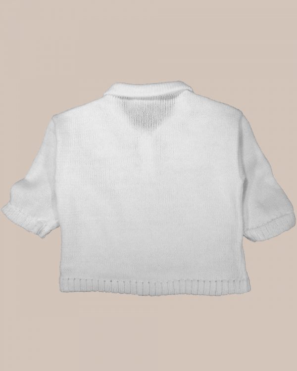 Boy’s White 3 Piece Collared V-Neck Cotton Knit Sweater Outfit with Pants and Cap