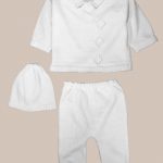 Boy’s White 3 Piece Collared V-Neck Cotton Knit Sweater Outfit with Pants and Cap