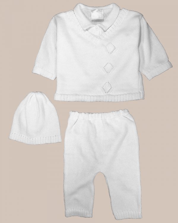 Boy’s White 3 Piece Collared V-Neck Cotton Knit Sweater Outfit with Pants and Cap