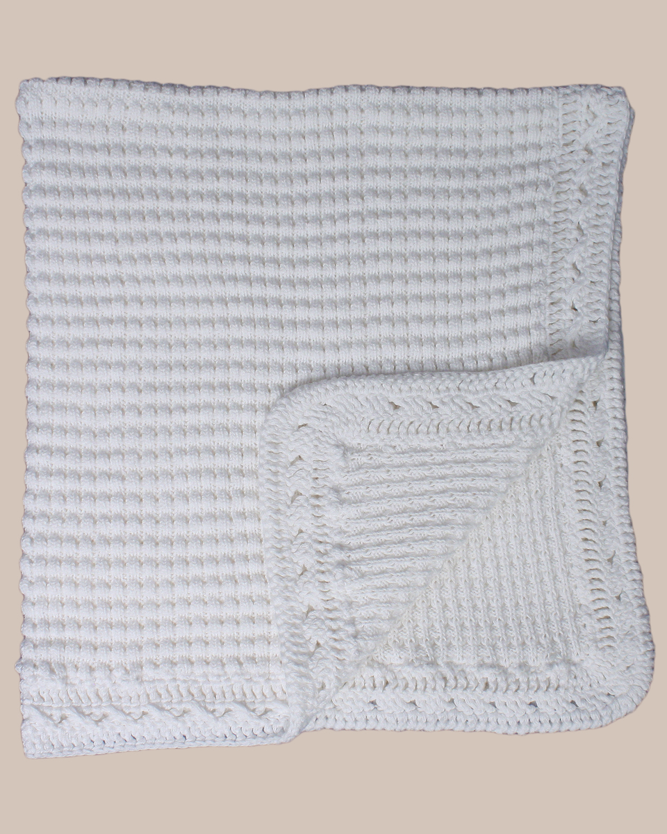 Hand Crochet White Cotton Shawl Blanket with Ripple Pattern - One Small Child
