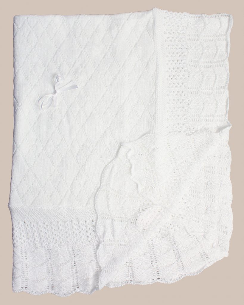 Hand Crochet White Cotton Shawl Blanket with Diamond Pattern and Ribbon Bow - One Small Child