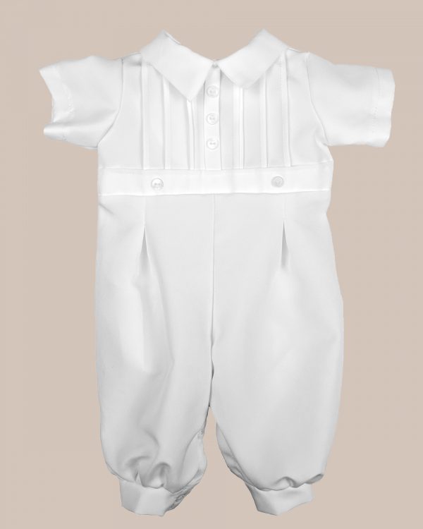 Boys White Short Sleeve Collared Romper Coverall with Pin-Tucking - One Small Child