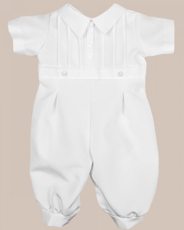 Boys White Short Sleeve Collared Romper Coverall with Pin-Tucking - One Small Child
