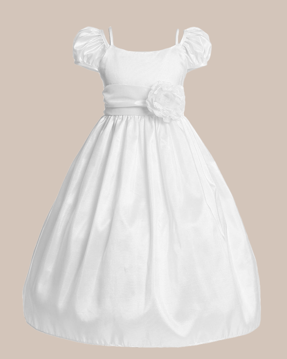 Classic White Taffeta Communion Dress with Flower - One Small Child