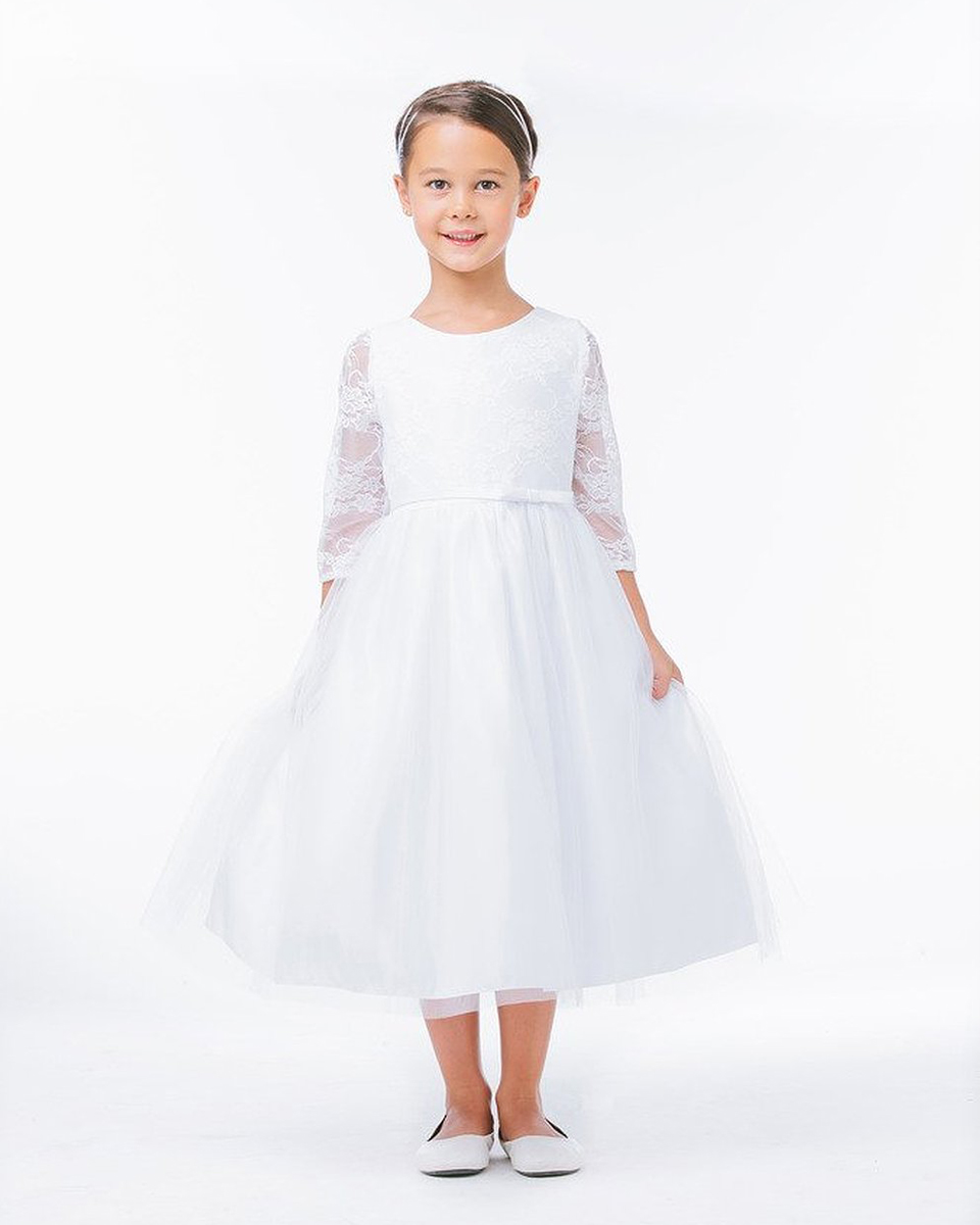 White 3/4 Sleeve Lace Communion Dress with Tulle Skirt - One Small Child