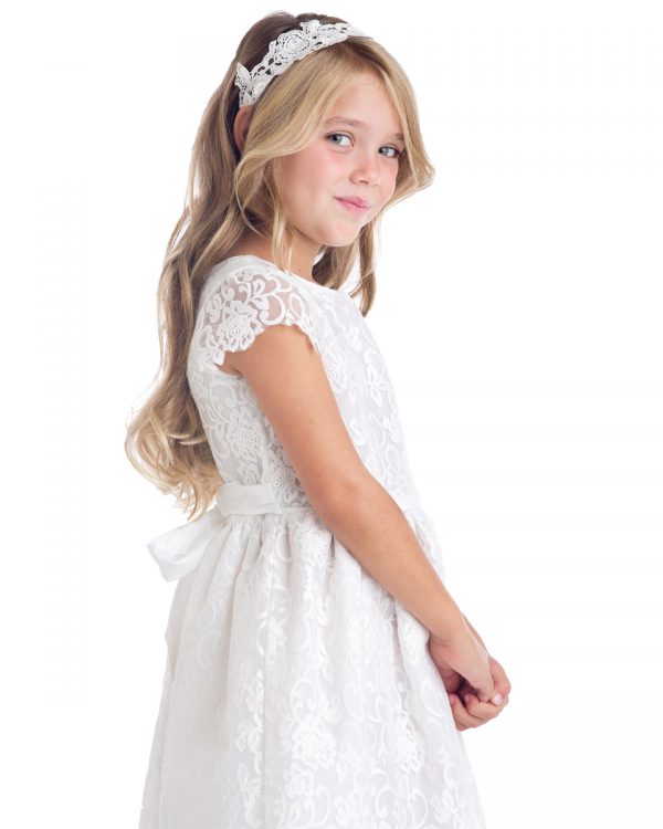 Classic Satin Floral Embroidered Organza Overlay Communion Dress - One Small Child