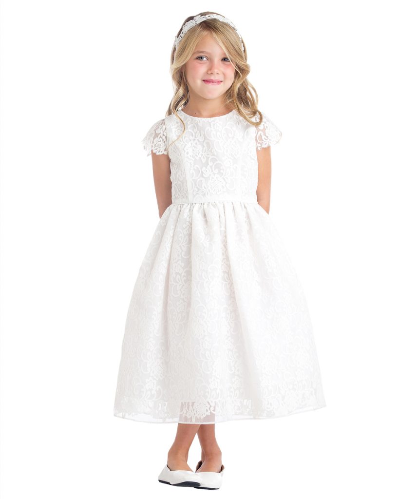 Classic Satin Floral Embroidered Organza Overlay Communion Dress - One ...