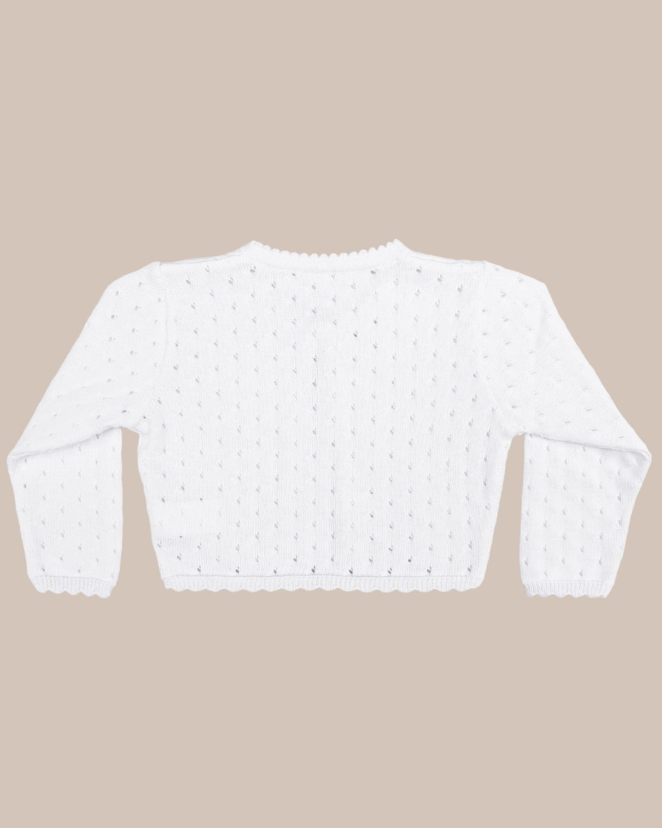 Girls White 100% Cotton Sweater with Tear Drop Pattern and Scalloped Trim - One Small Child