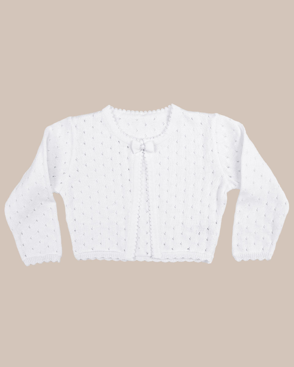 Girls White 100% Cotton Sweater with Tear Drop Pattern and Scalloped Trim - One Small Child