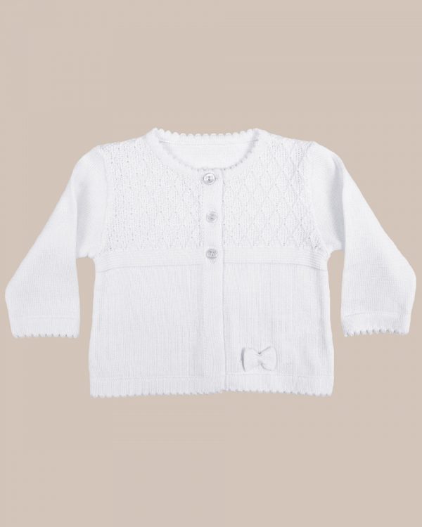 Girls White 100% Cotton Sweater with Diamond Knit Bodice and Rosebud Trim - One Small Child