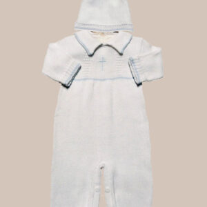 Boy’s Soft Cotton Knit Christening Baptism Longall w/ White, Blue, OR Gold Cross and Hat