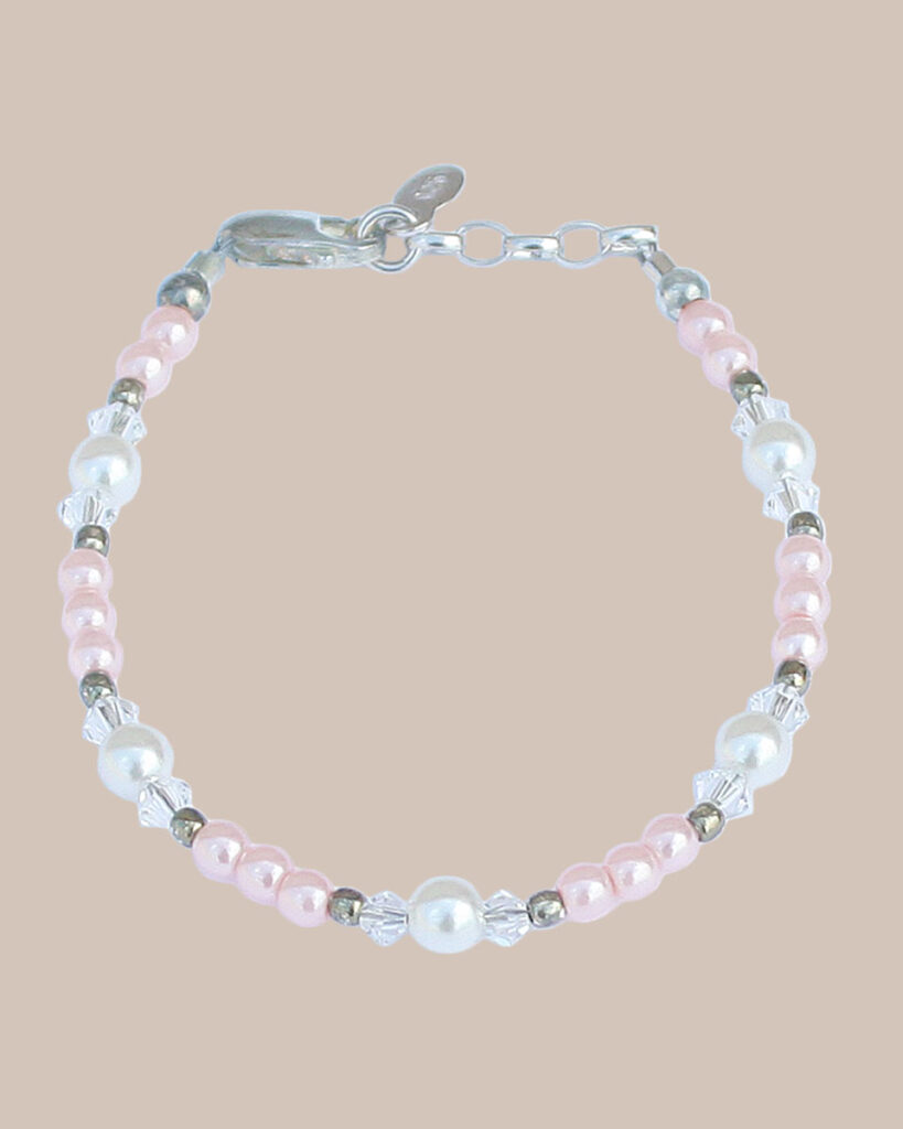 Adjustable Pink Pearl, Crystal and Sterling Silver Bracelet - One Small Child