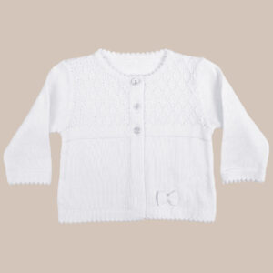 Girls White 100% Cotton Sweater with Diamond Knit Bodice and Rosebud Trim - One Small Child