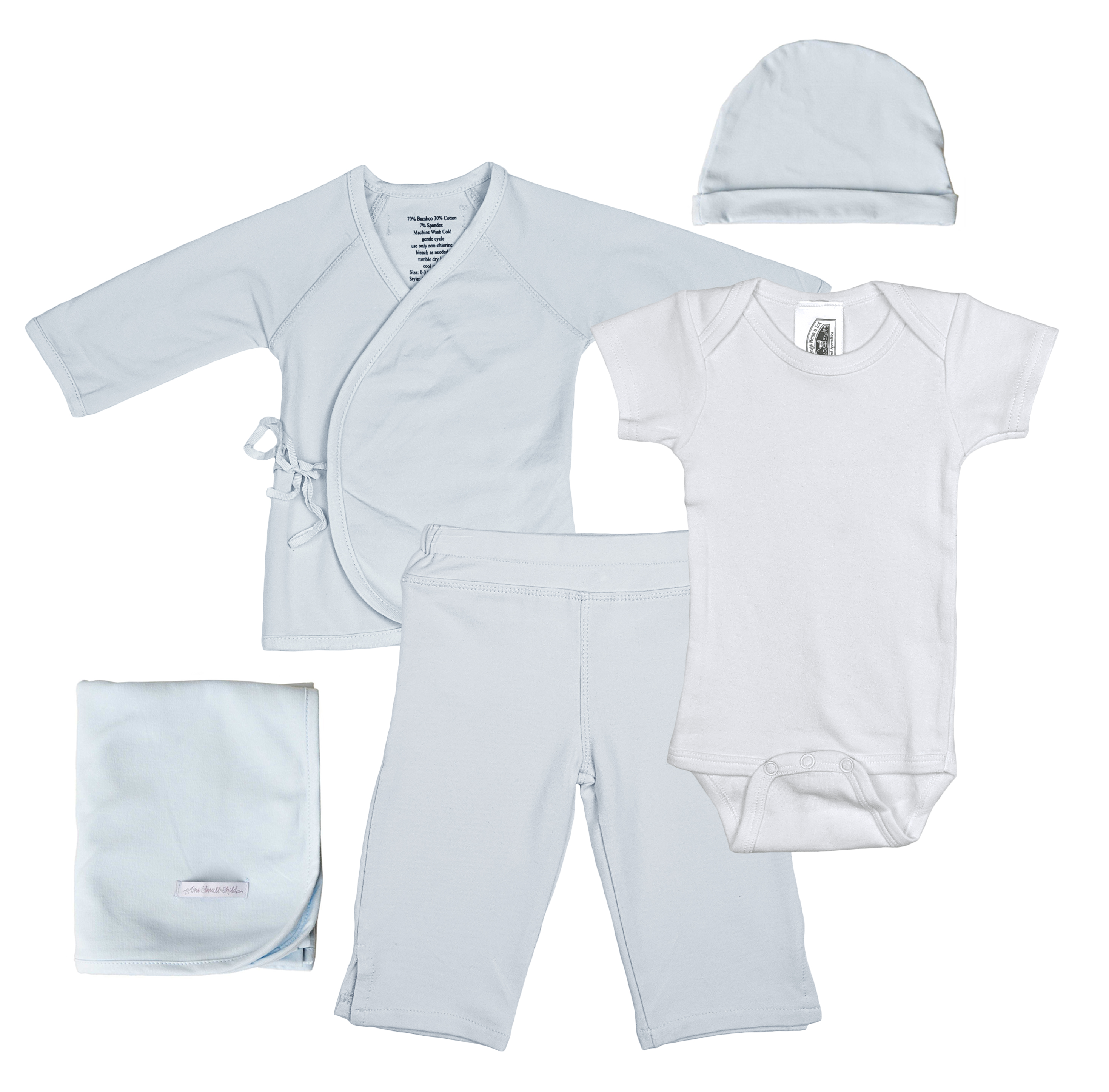 Boys Five-Piece Bamboo Layette Set in Blue or White - One Small Child